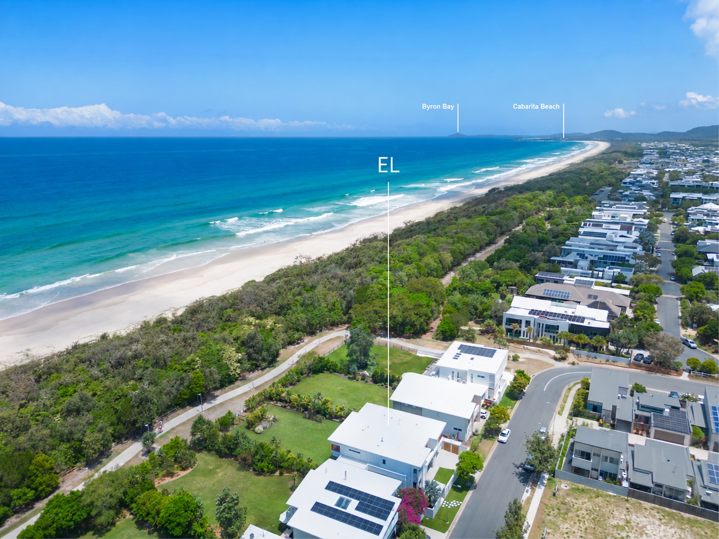 Aerial coastline view showing El Segundo, its long rear garden and Salt Beach beyond the coastal reserve